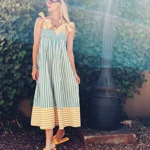Buru Contrast Tie Top MIDI Dress - Green & Yellow